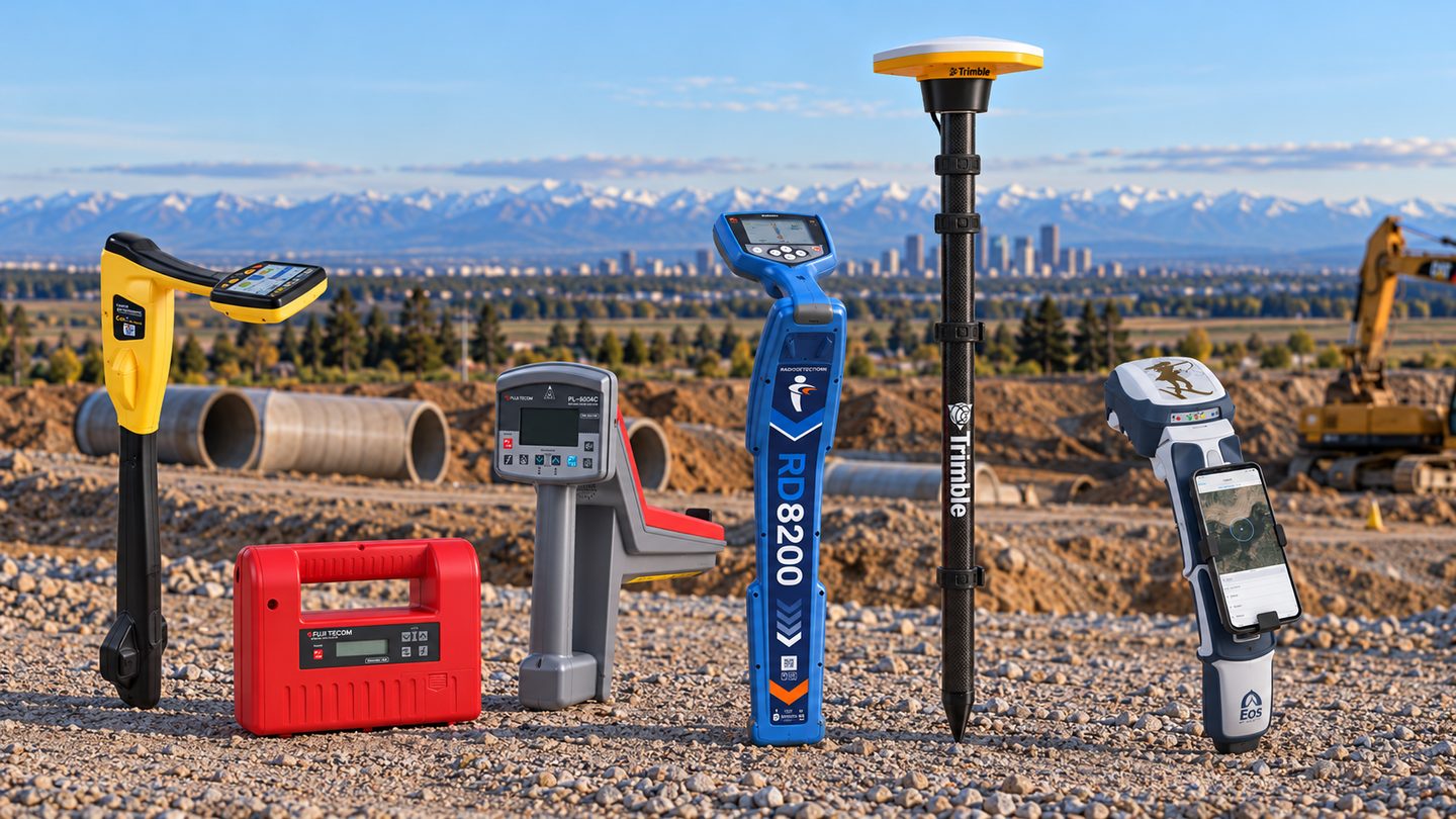 Utility locating receivers and transmitters, a GNSS antenna on a survey pole and a handheld GNSS unit with a phone, set out on gravel at an excavation site with pipe sections, an excavator, a city skyline and snow-capped mountains behind.